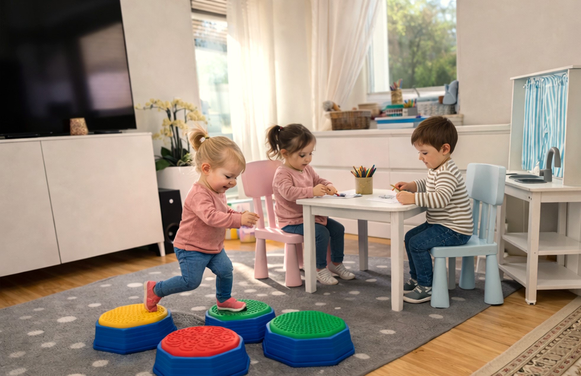 Spielraum der Kindertagespflege Tagesmutter Sisi in Kaarst mit Kindern beim Spielen und Malen